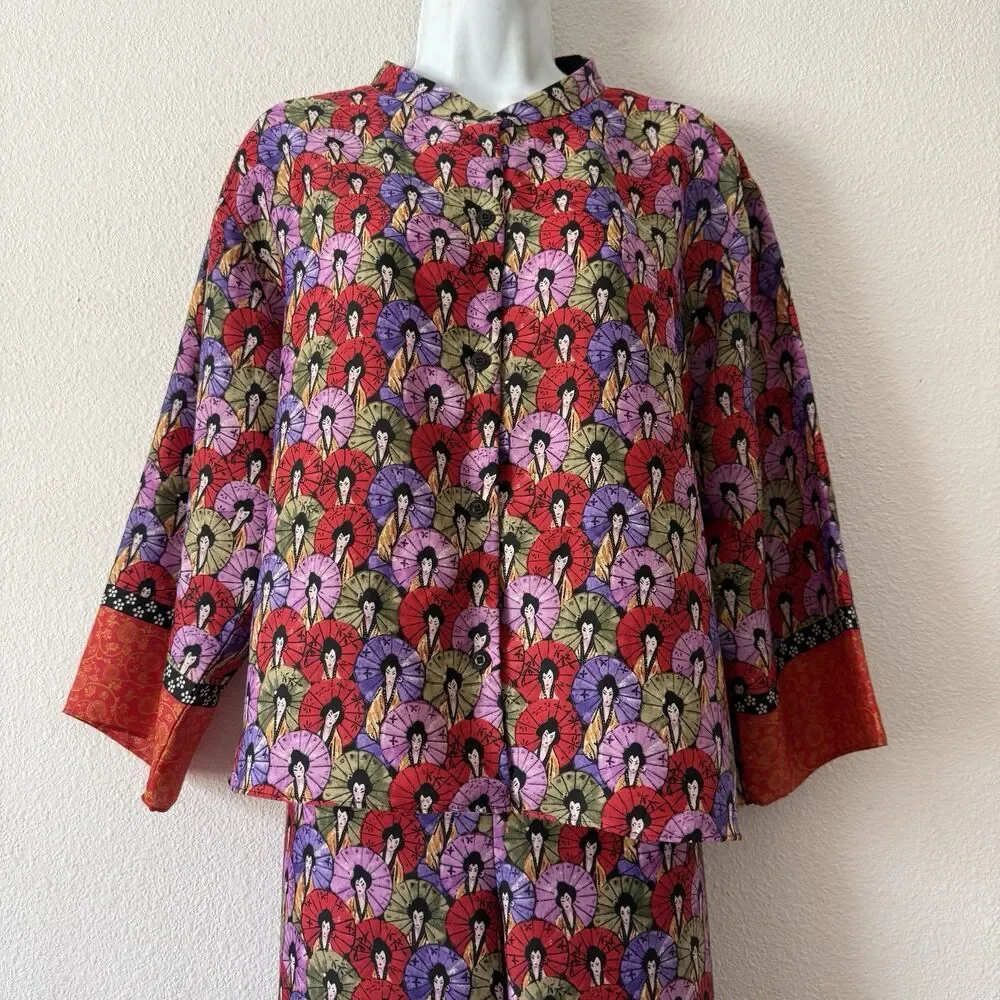 JOSIE NATORI Artistic Geisha Umbrella Print 2PC Set Mandarin Collar Lounge Wear
